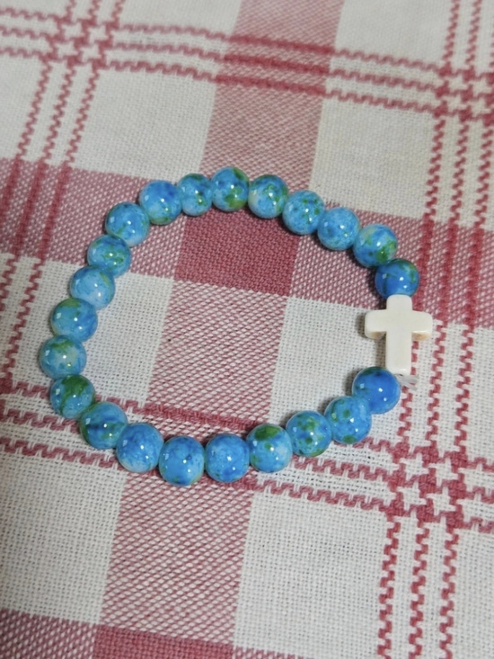 Blue Beaded Cross Bracelet Like New